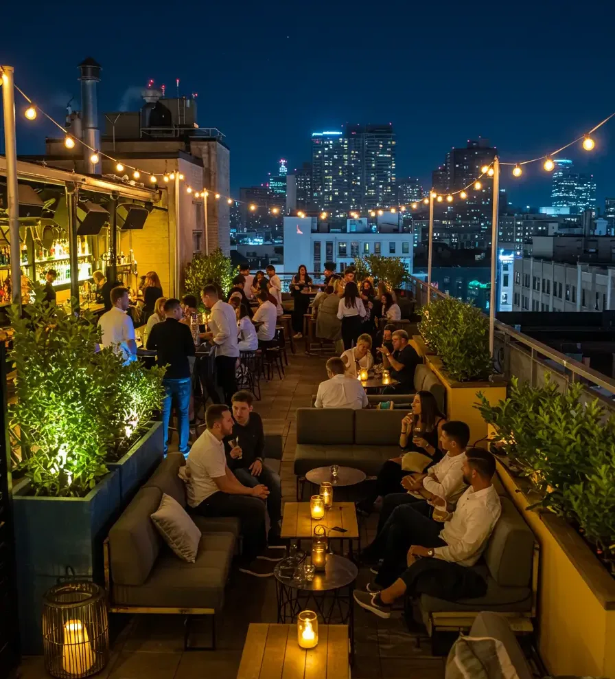 Rooftop bar with London skyline views at night