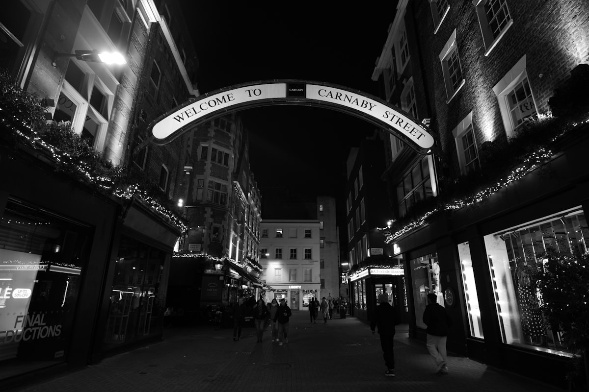 Carnaby Street in Soho at night near JK Comedy Club