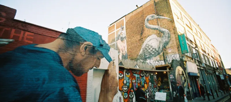 Brick Lane street market and food stalls in East London