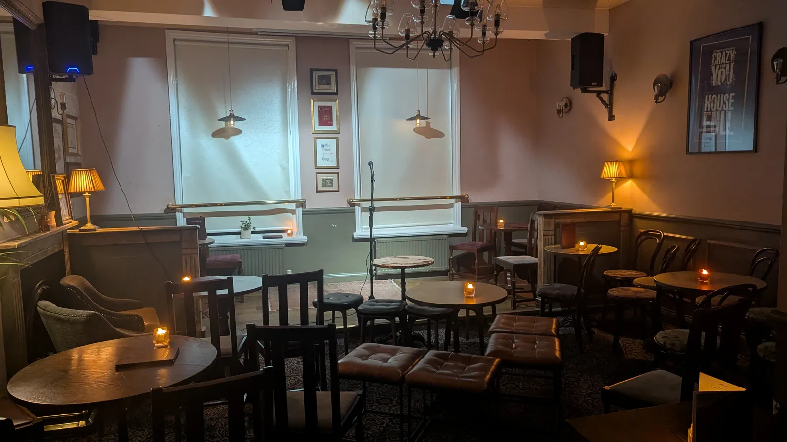 Intimate comedy club setting perfect for date night